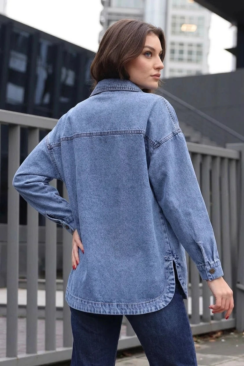 Kadın Gömlek Yaka Çift Cepli Oversize Pamuklu Lacivert Ceket