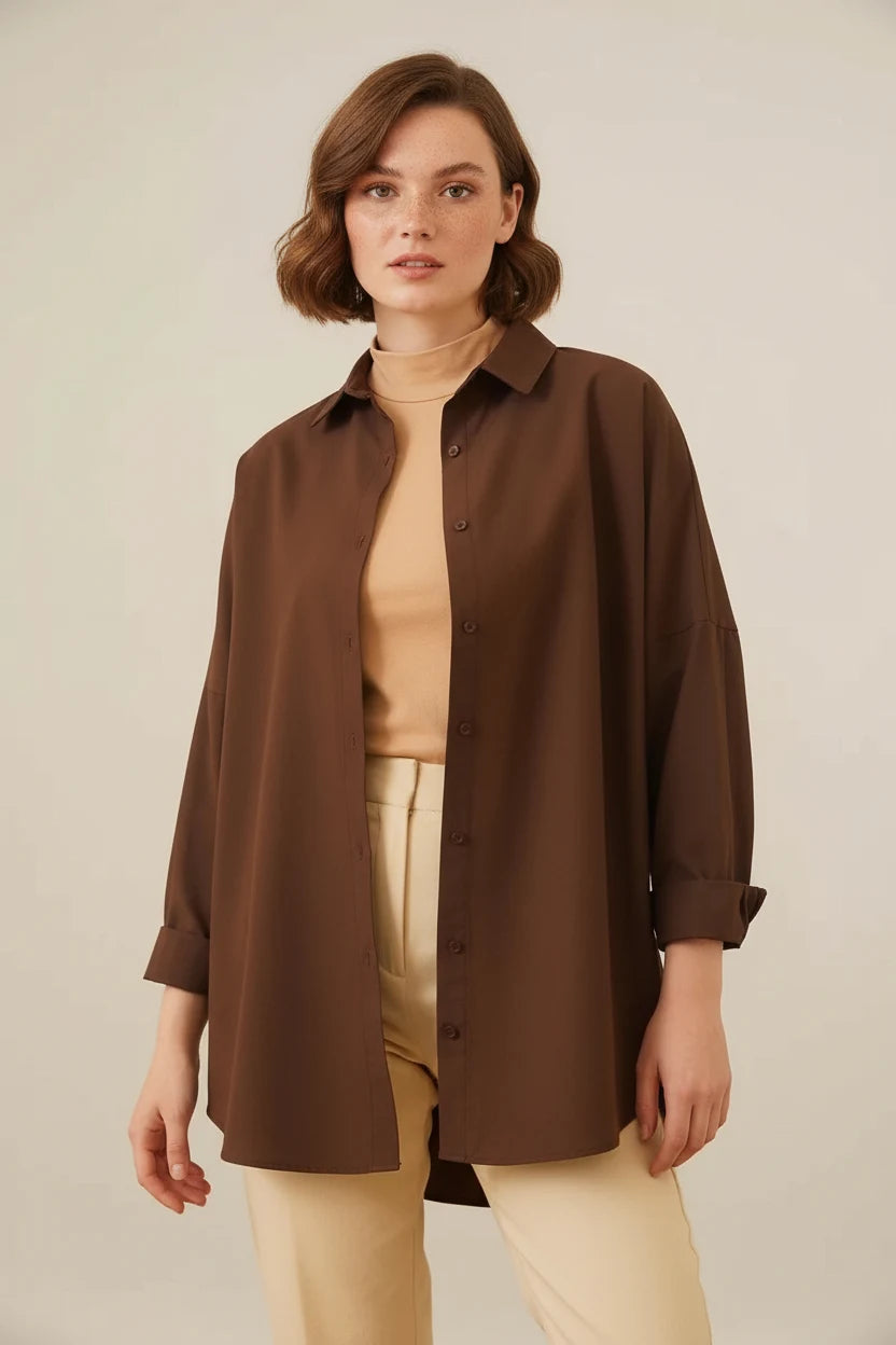 Kadın Oversize Kesim Basic Pamuklu Kahverengi Tesettür Gömlek