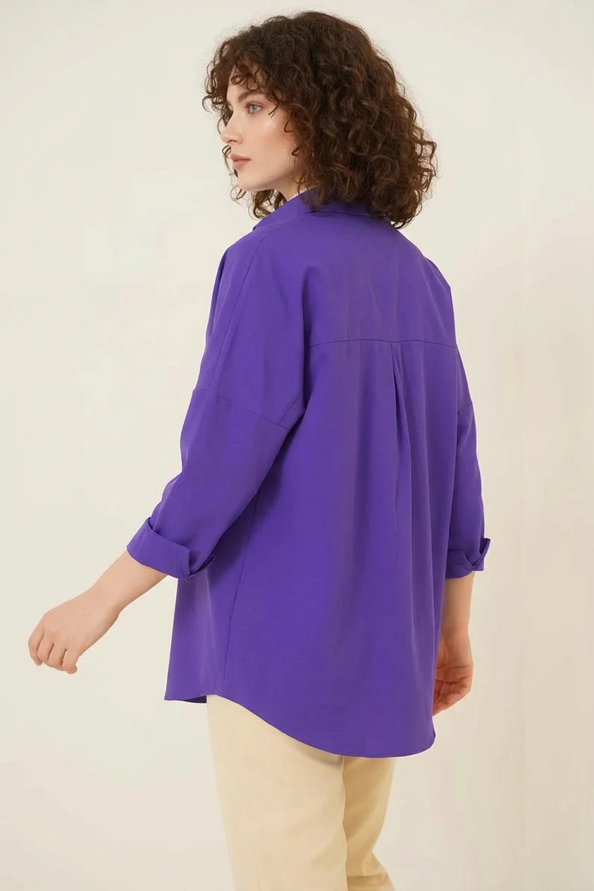 Kadın Oversize Kesim Basic Pamuklu Mor Tesettür Gömlek