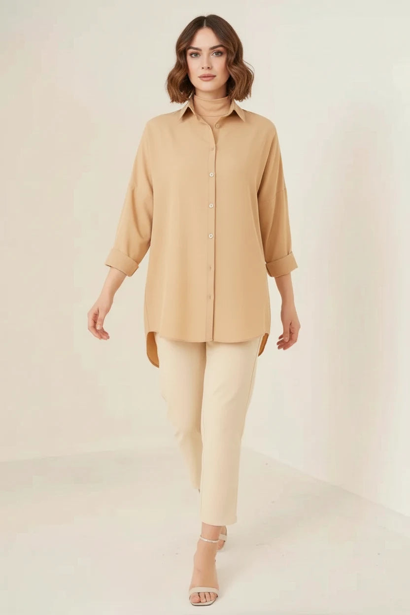 Kadın Oversize Kesim Basic Pamuklu Bej Tesettür Gömlek