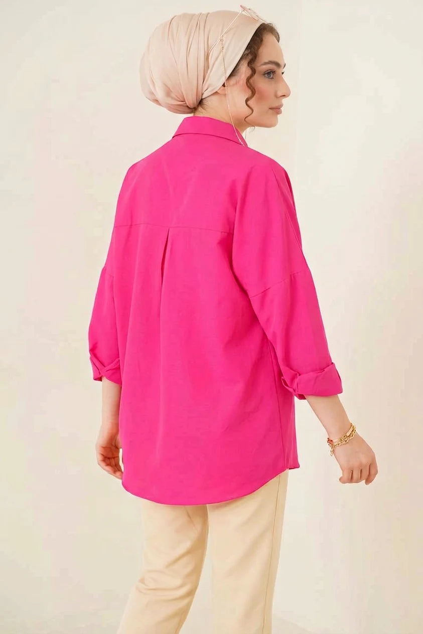 Kadın Oversize Kesim Basic Pamuklu Koyu Pembe Tesettür Gömlek