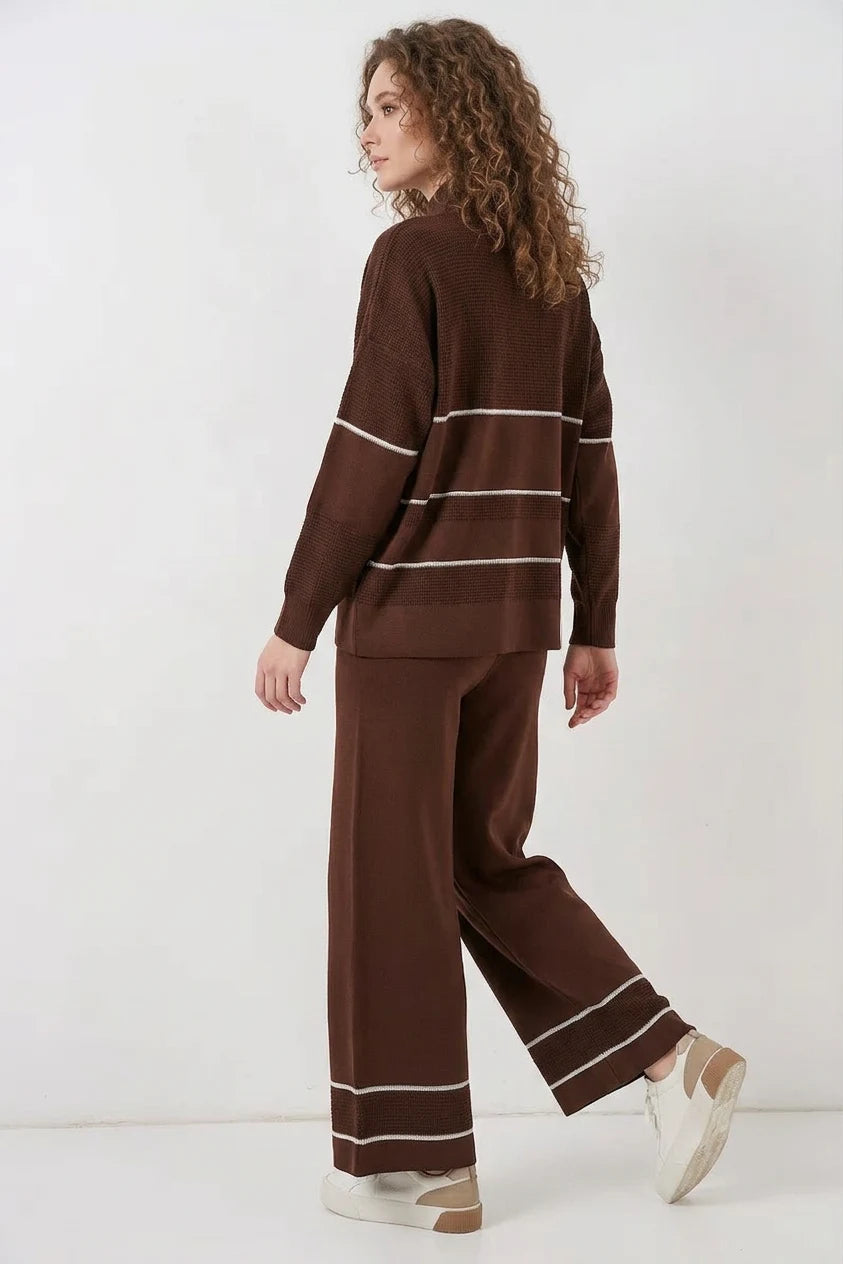 Kadın Yarım Balıkçı Yaka Oversize Çizgili Triko Kahverengi İkili Takım