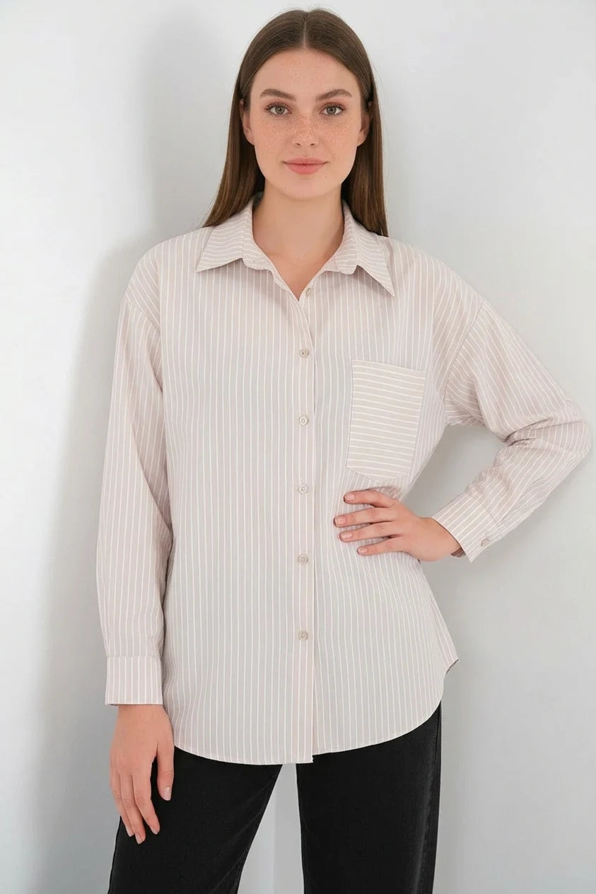 Kadın Oversize Tek Cepli Çizgili Pamuklu Krem Gömlek