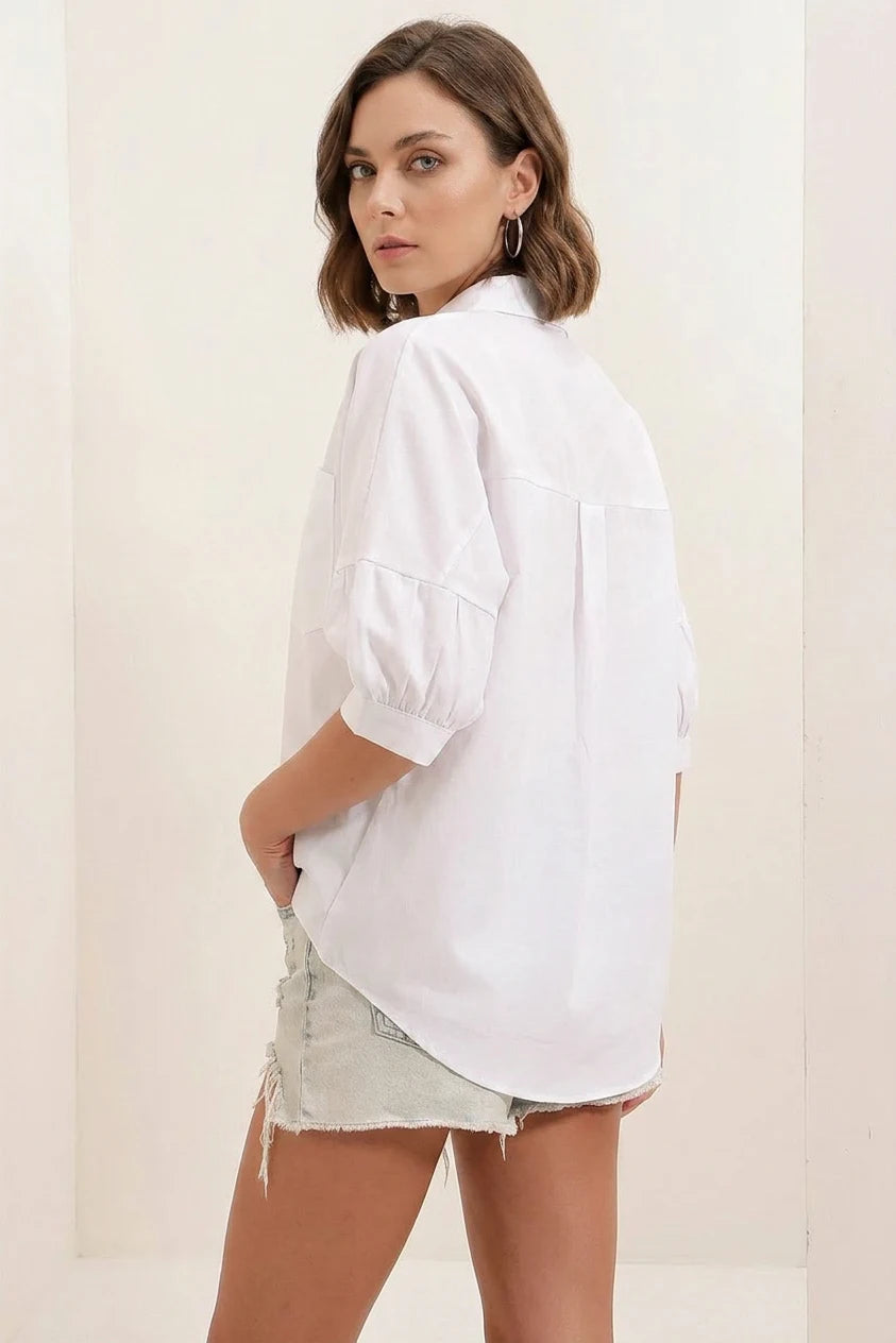 Kadın Kısa Kol Basic Oversize Pamuklu Beyaz Gömlek