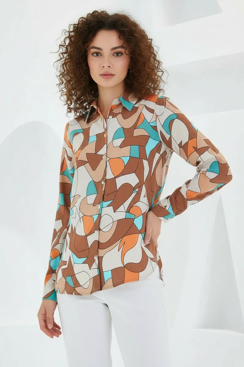 Kadın Grafik Desenli Viskon Sütlü Kahve Gömlek