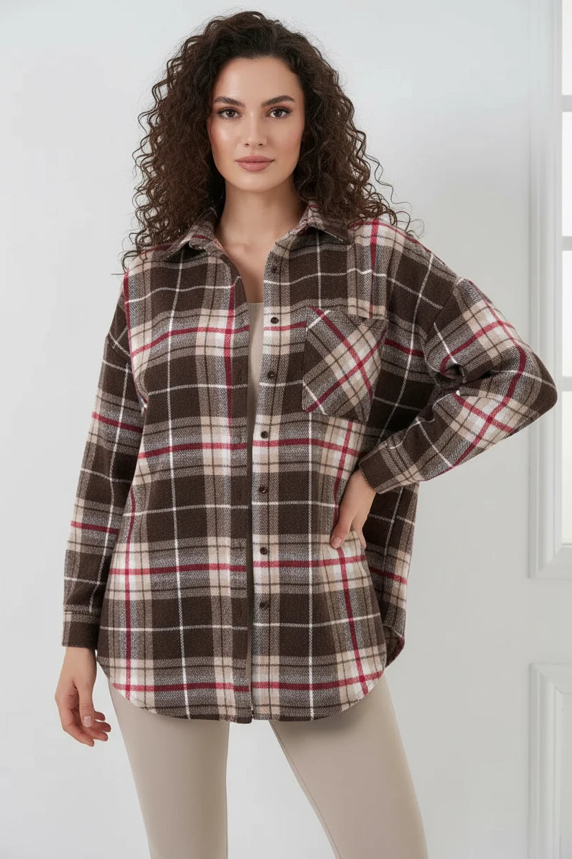 Kadın Oversize Ekose Desenli Pamuklu Vizon Gömlek