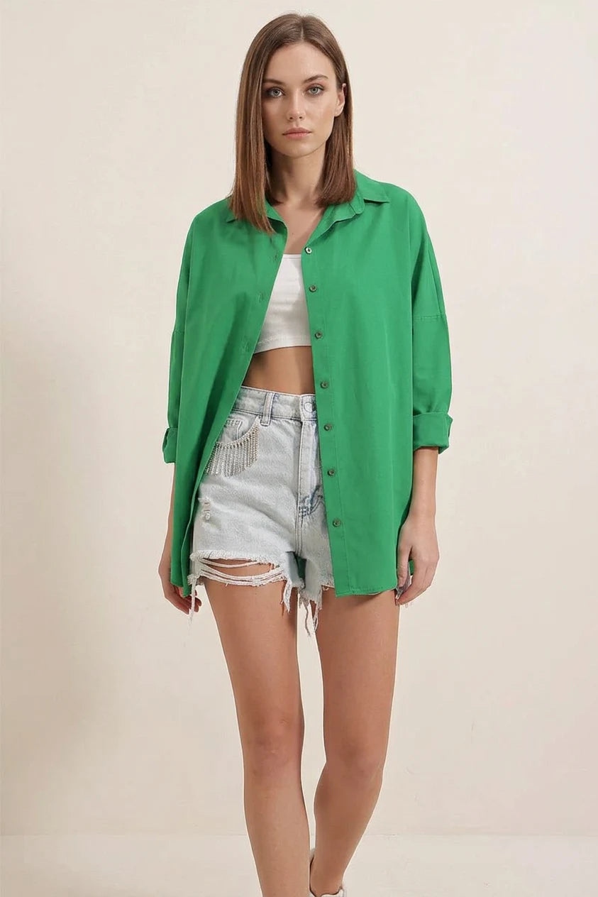 Kadın Oversize Kesim Basic Pamuklu Yeşil Gömlek