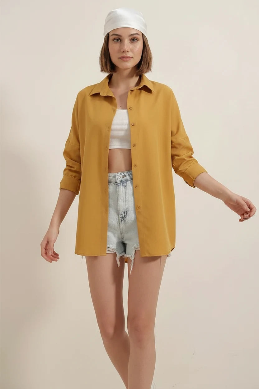 Kadın Oversize Basic Pamuklu Hardal Gömlek