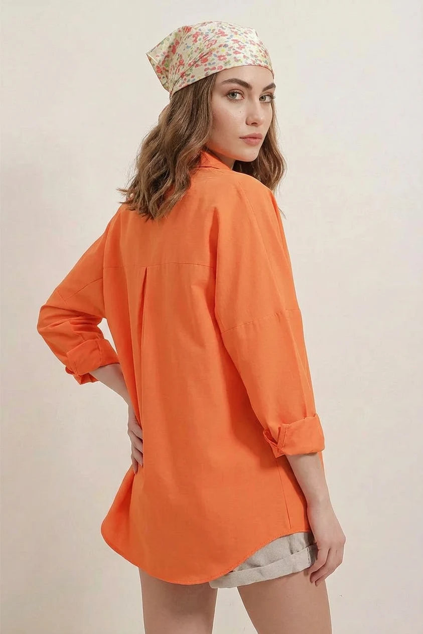 Kadın Basic Oversize Pamuklu Turuncu Gömlek
