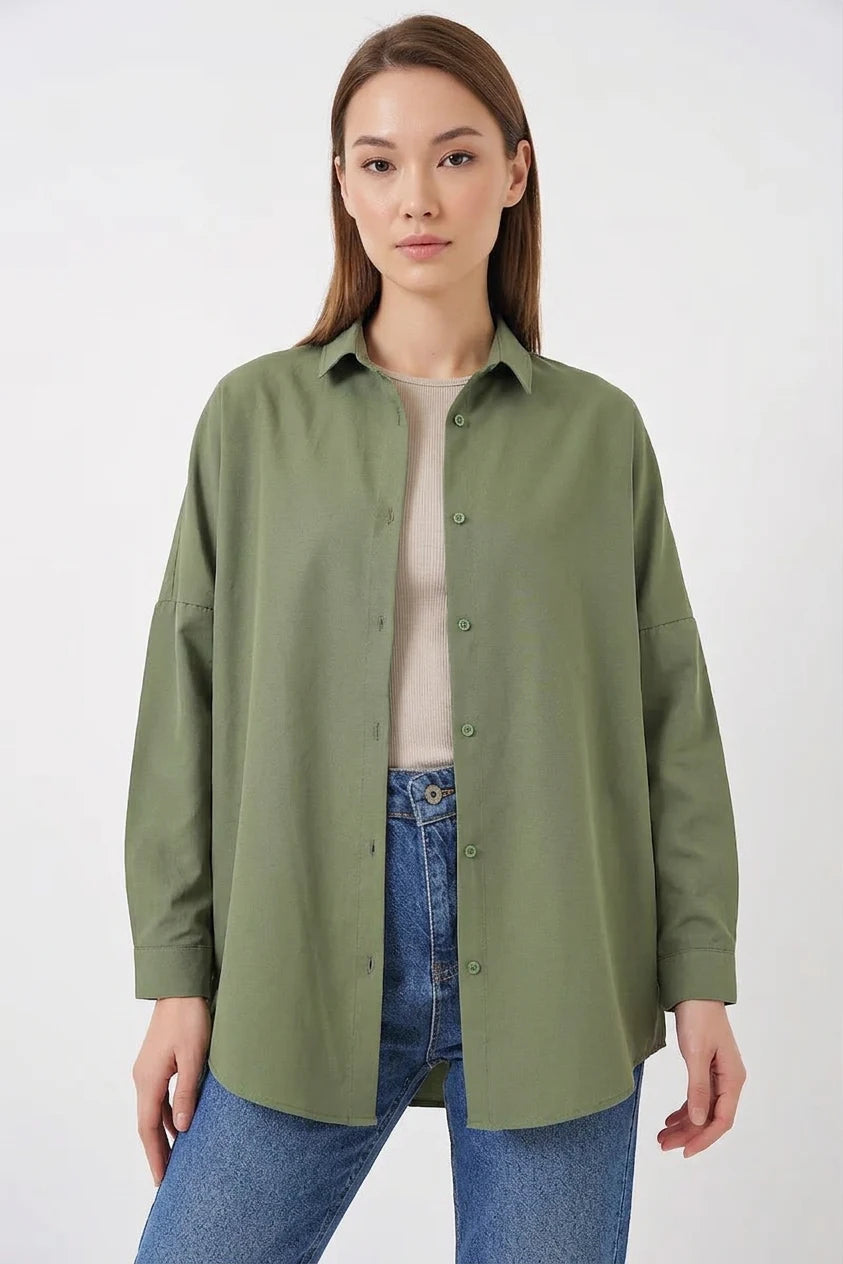 Kadın Oversize Kesim Basic Pamuklu Açık Haki Gömlek
