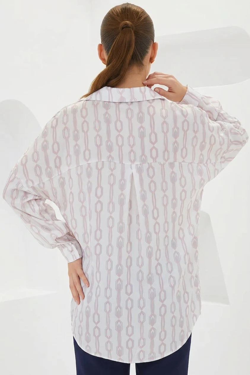 Kadın Oversize Desenli Saten Pudra Gömlek