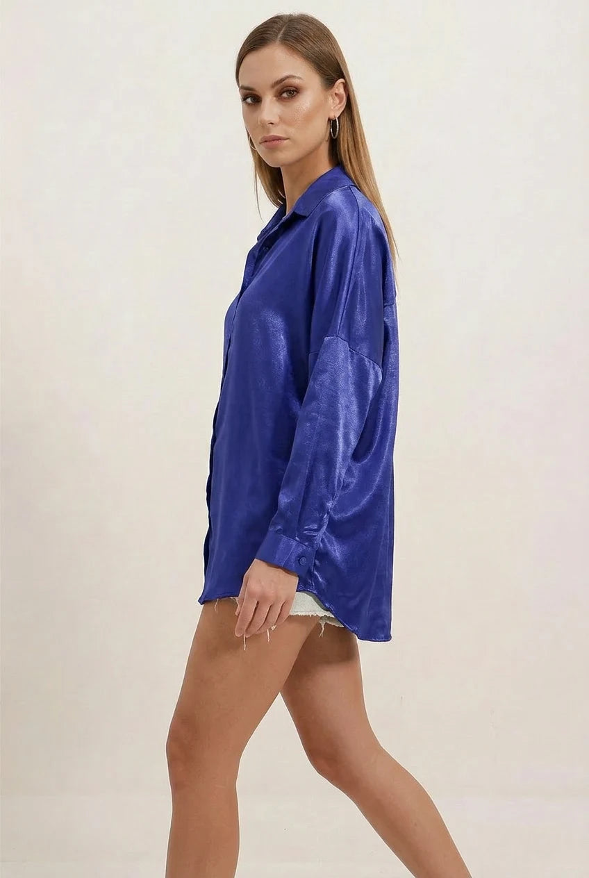 Kadın Oversize Saten Saks Gömlek