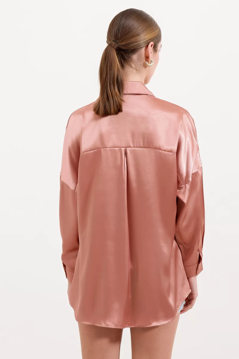 Kadın Oversize Kesim Saten Camel Gömlek