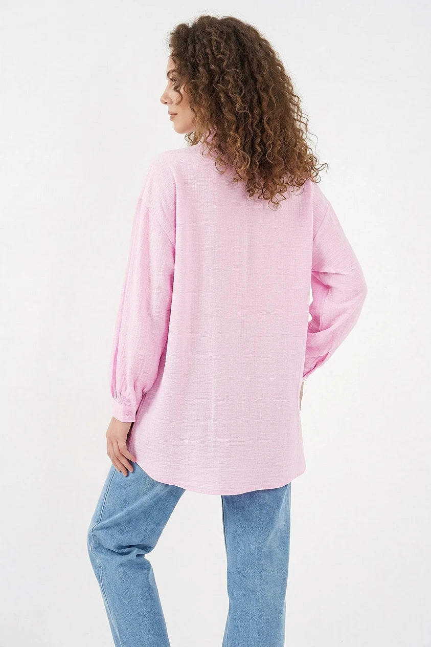 Kadın Gömlek Yaka Dokulu Oversize Viskon Pembe Tunik