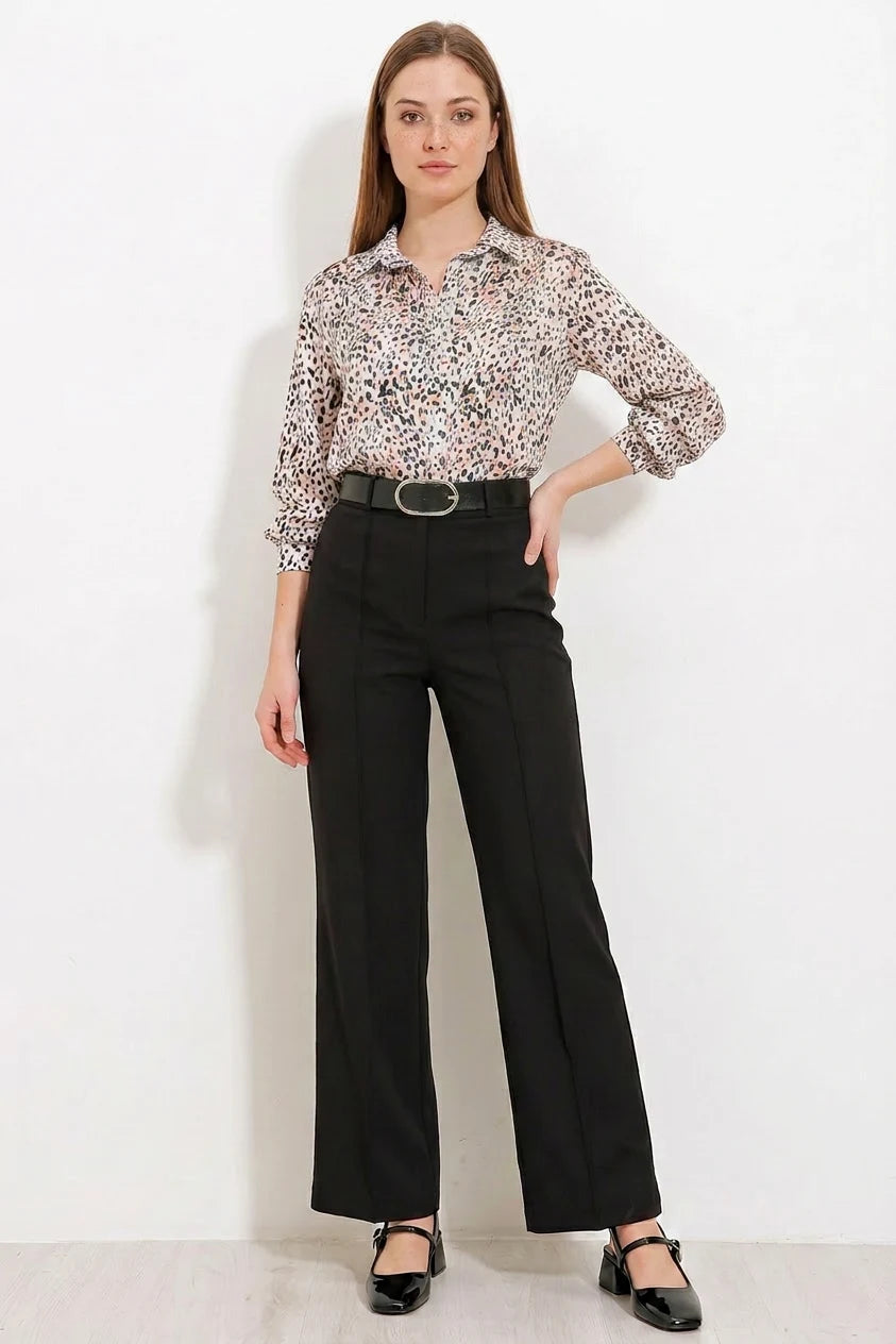 Kadın Gömlek Yaka Yüksek Bel Leopar Desenli Siyah Pantolon