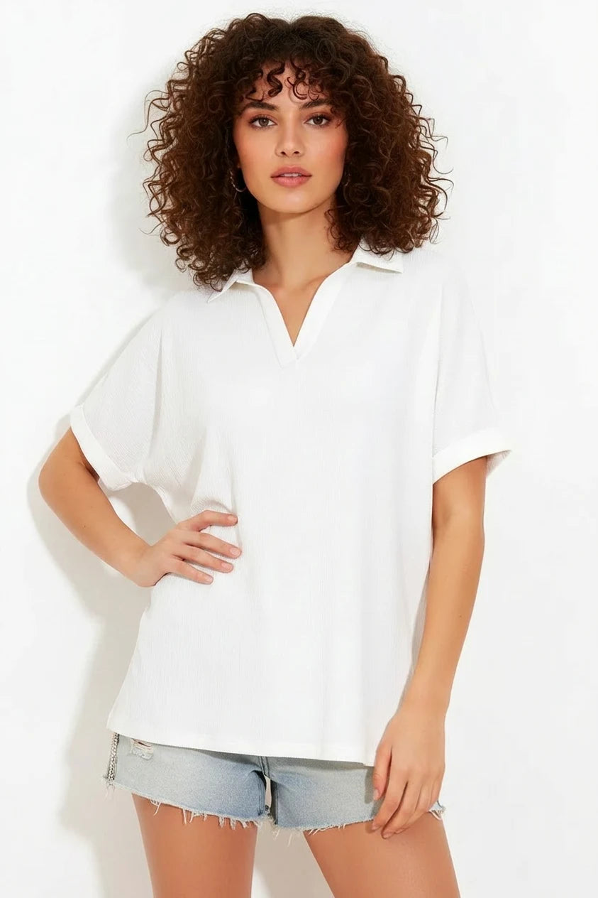 Kadın Polo Yaka Kısa Kol Oversize Beyaz Bluz