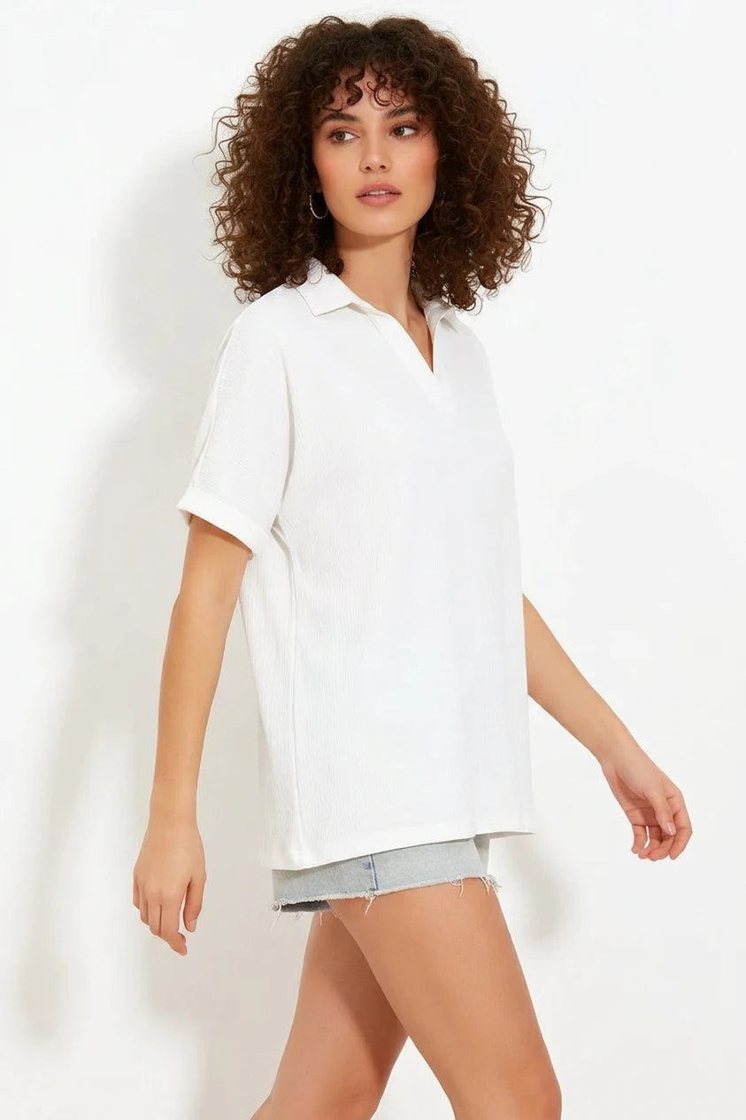 Kadın Polo Yaka Kısa Kol Oversize Beyaz Bluz