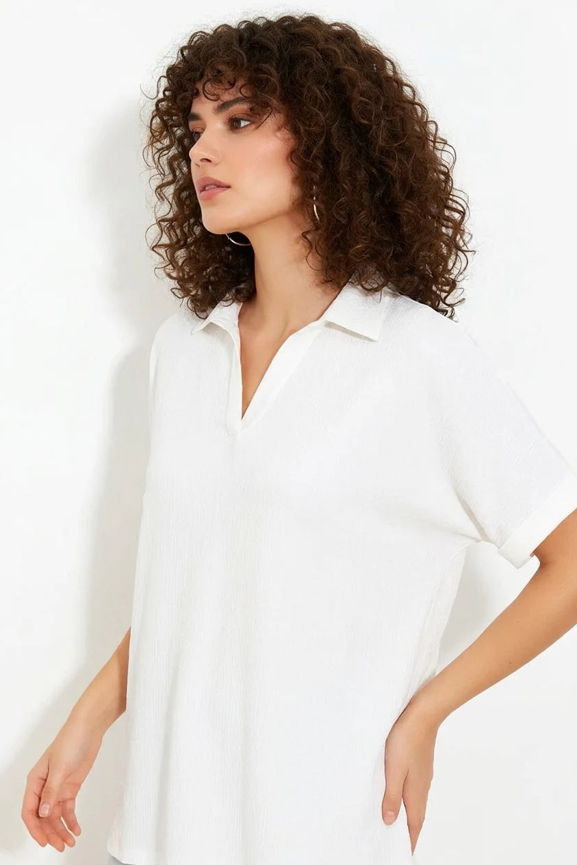 Kadın Polo Yaka Kısa Kol Oversize Beyaz Bluz