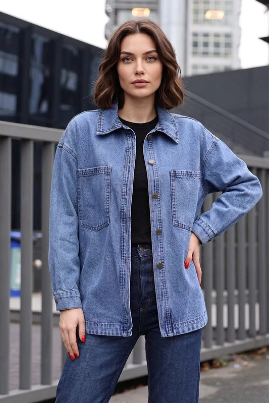 Kadın Gömlek Yaka Çift Cepli Oversize Pamuklu Lacivert Ceket