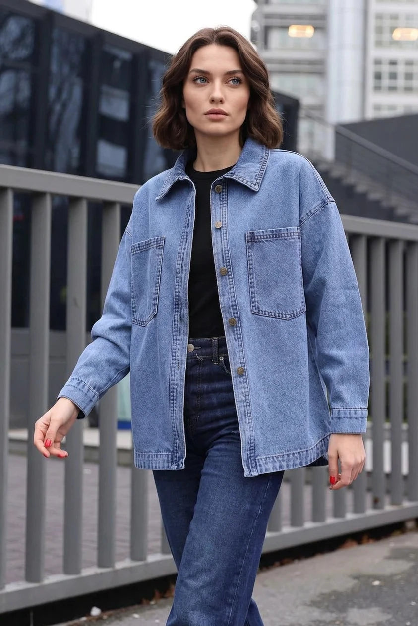 Kadın Gömlek Yaka Çift Cepli Oversize Pamuklu Lacivert Ceket