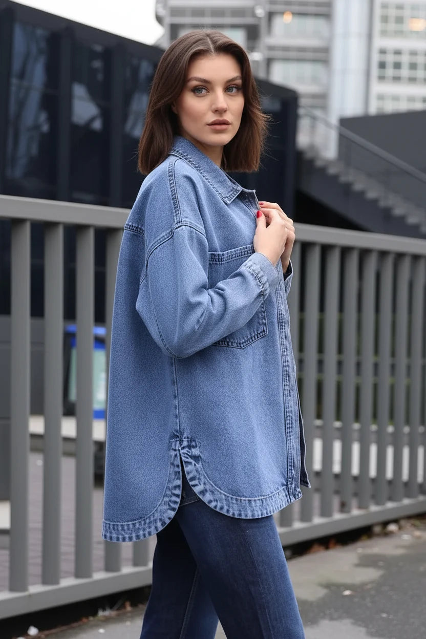 Kadın Gömlek Yaka Çift Cepli Oversize Pamuklu Lacivert Ceket