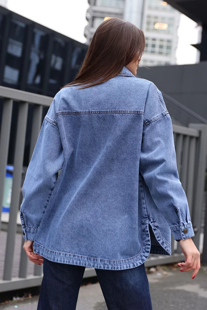 Kadın Gömlek Yaka Çift Cepli Oversize Pamuklu Lacivert Ceket