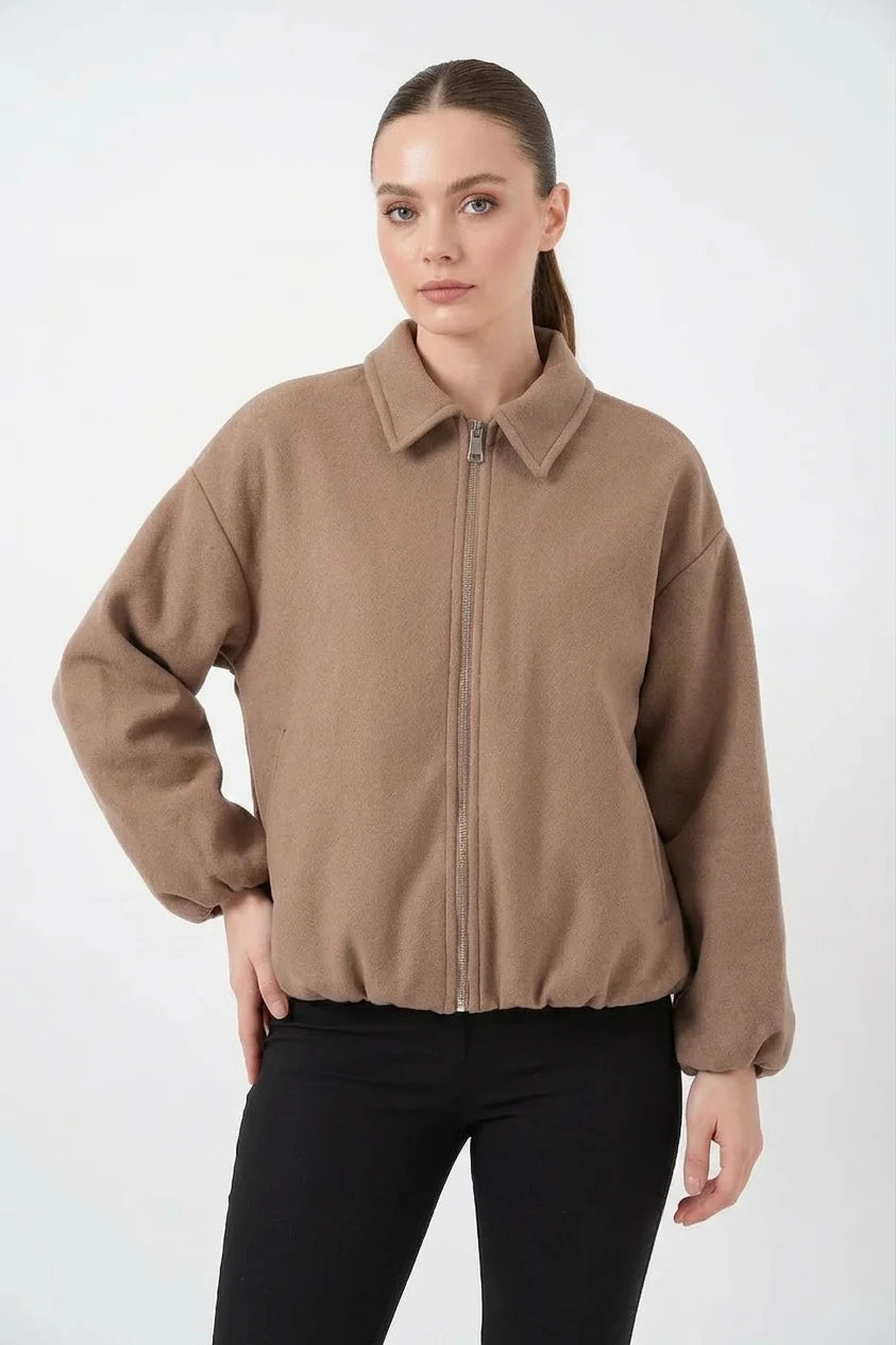 Kadın Gömlek Yaka Büzgülü Oversize Kesim Pamuklu Bisküvi Ceket