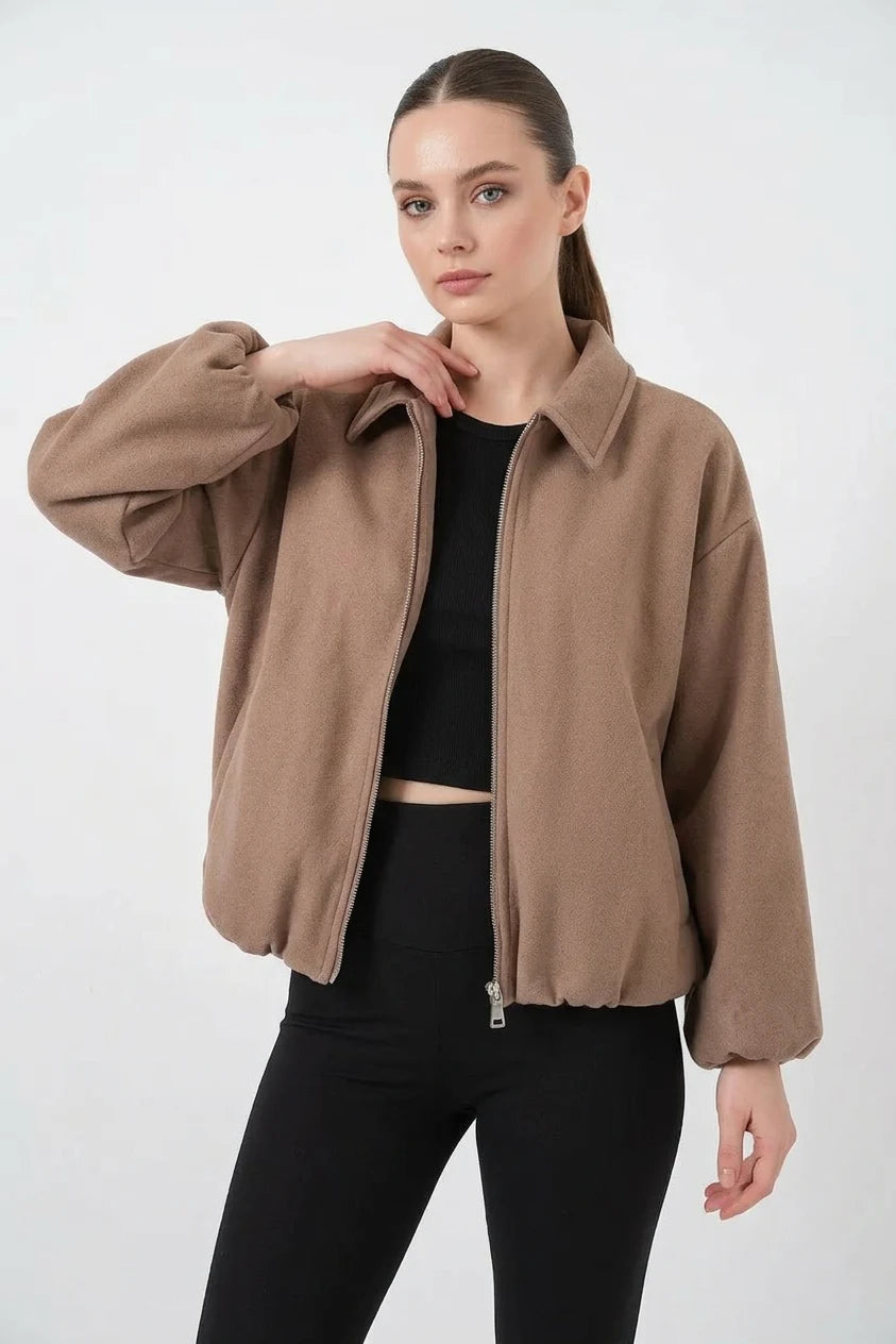 Kadın Gömlek Yaka Büzgülü Oversize Kesim Pamuklu Bisküvi Ceket