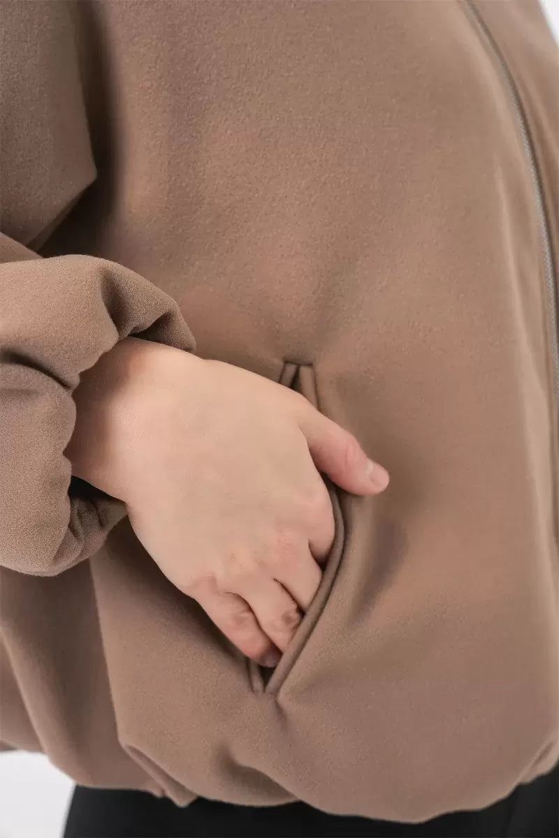 Kadın Gömlek Yaka Büzgülü Oversize Kesim Pamuklu Bisküvi Ceket