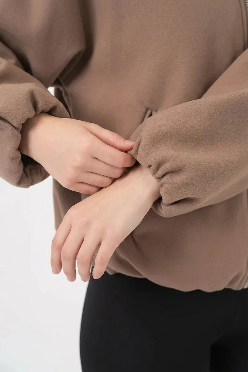 Kadın Gömlek Yaka Büzgülü Oversize Kesim Pamuklu Bisküvi Ceket