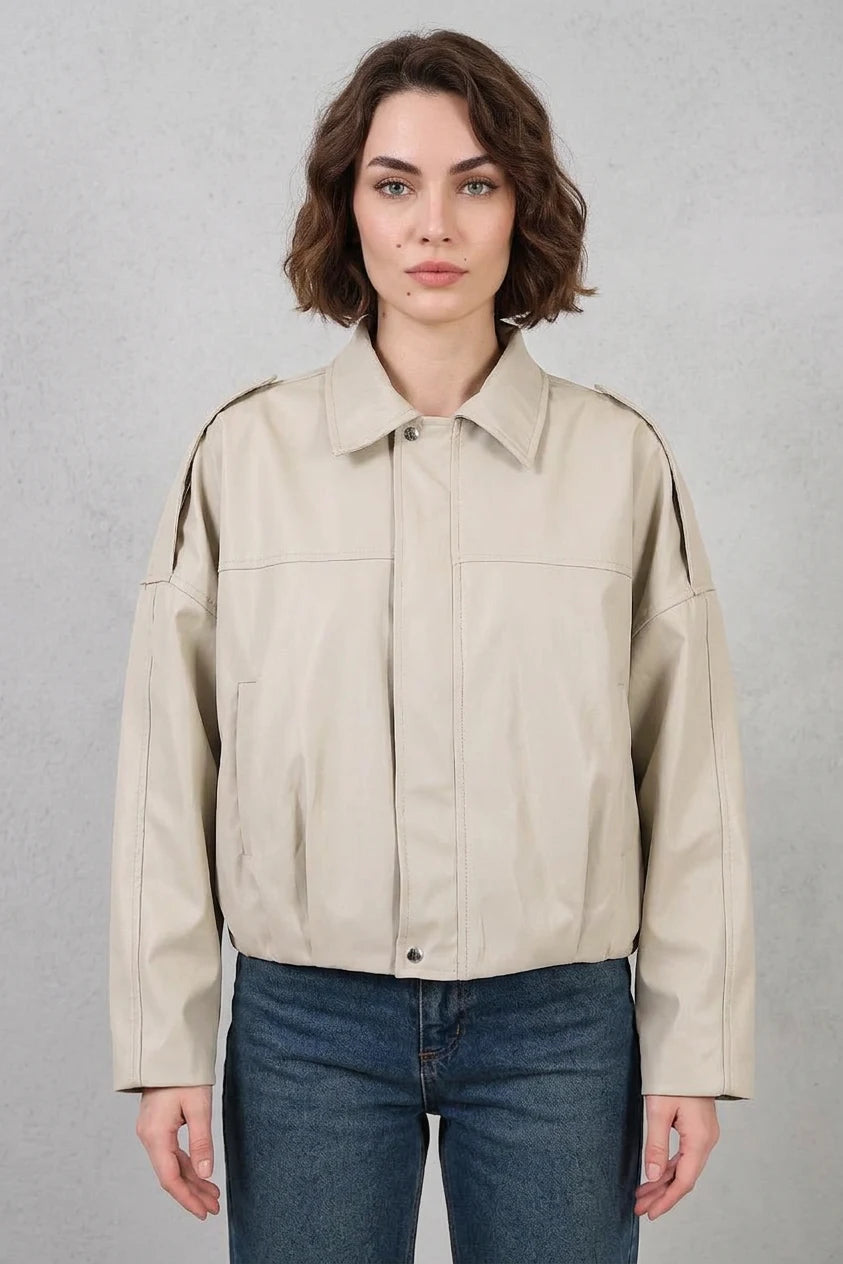 Kadın Gömlek Yaka Oversize Kesim Taş Ceket