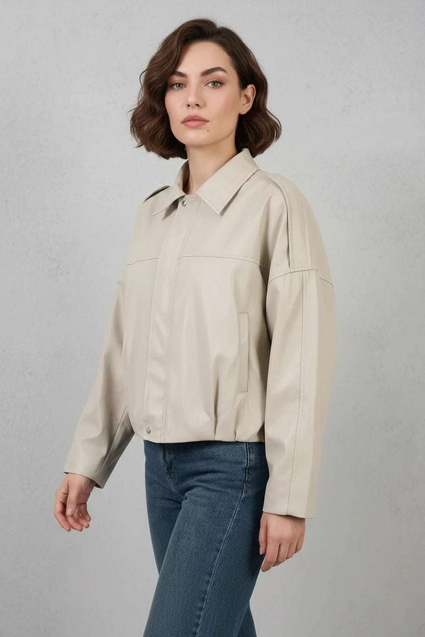 Kadın Gömlek Yaka Oversize Kesim Taş Ceket