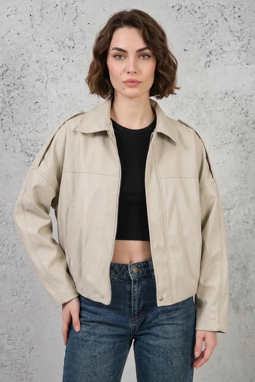 Kadın Gömlek Yaka Oversize Kesim Taş Ceket