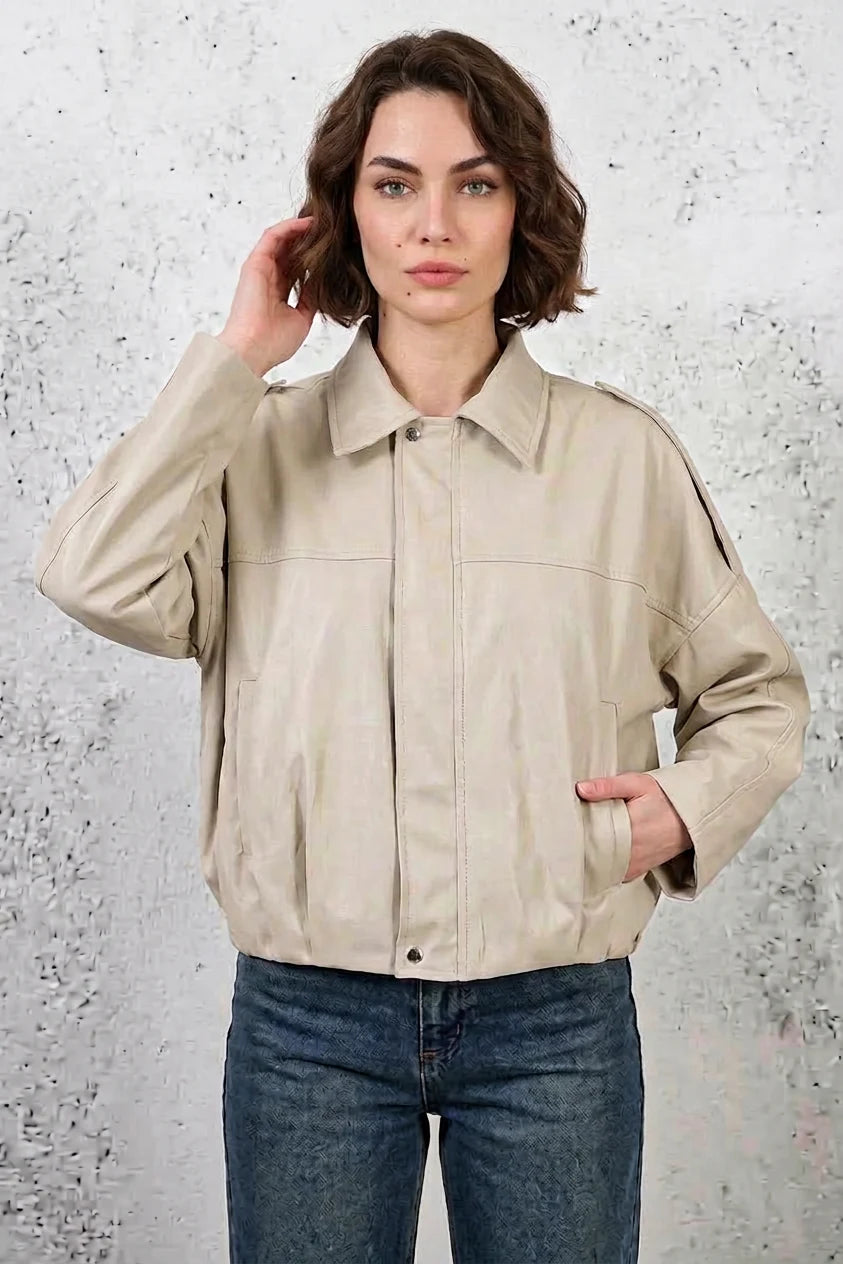 Kadın Gömlek Yaka Oversize Kesim Taş Ceket