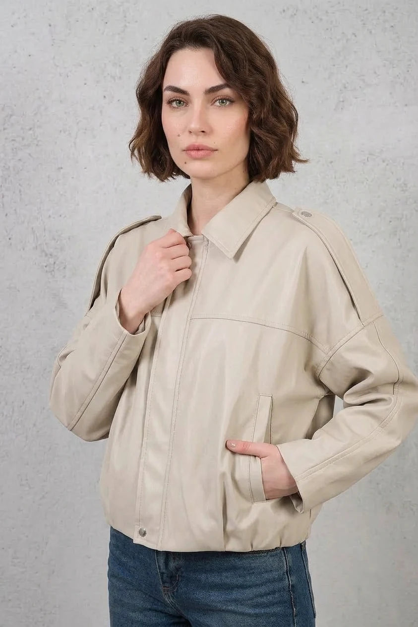Kadın Gömlek Yaka Oversize Kesim Taş Ceket