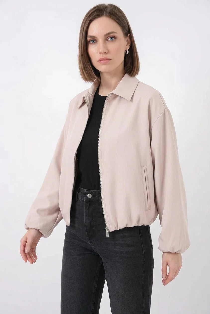Kadın Klasik Yaka Normal Fermuarlı Oversize Krem Ceket