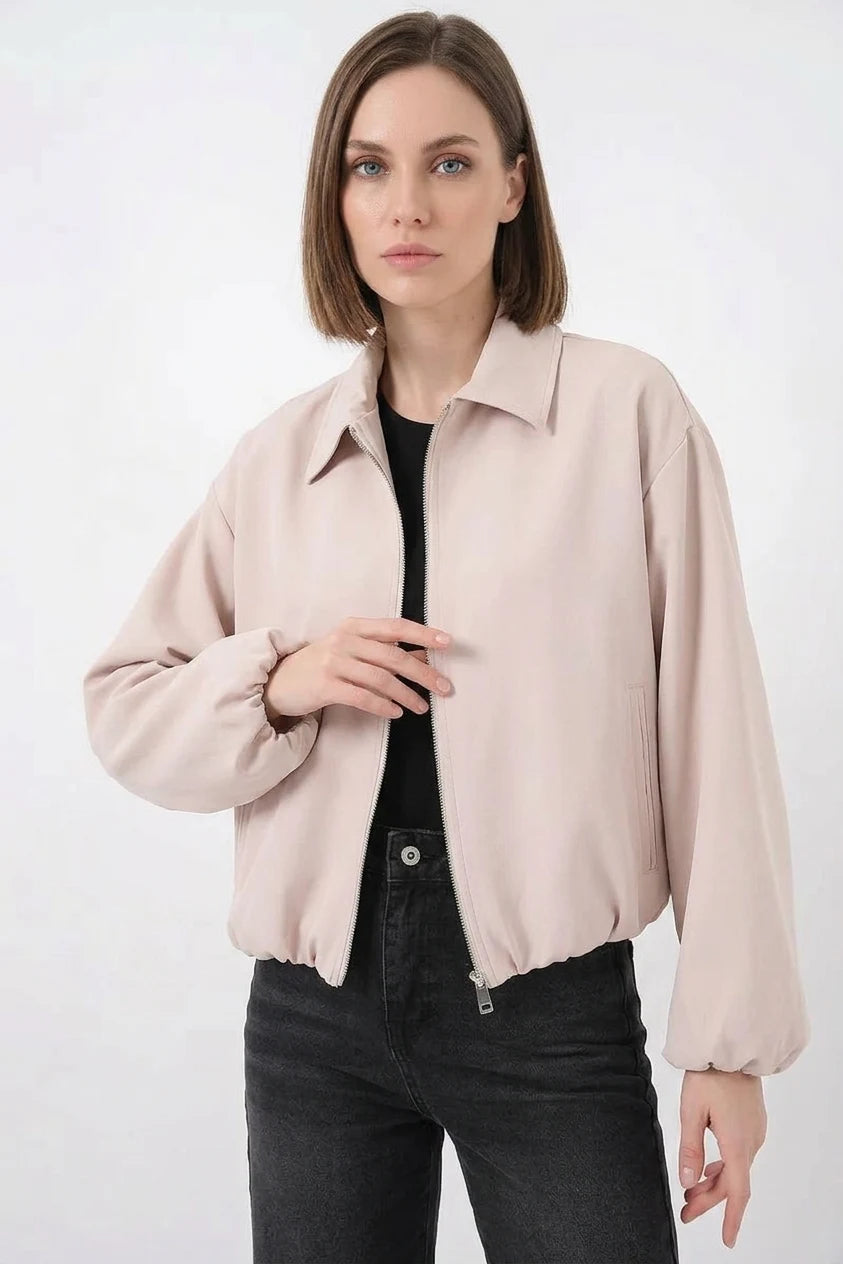 Kadın Klasik Yaka Normal Fermuarlı Oversize Krem Ceket