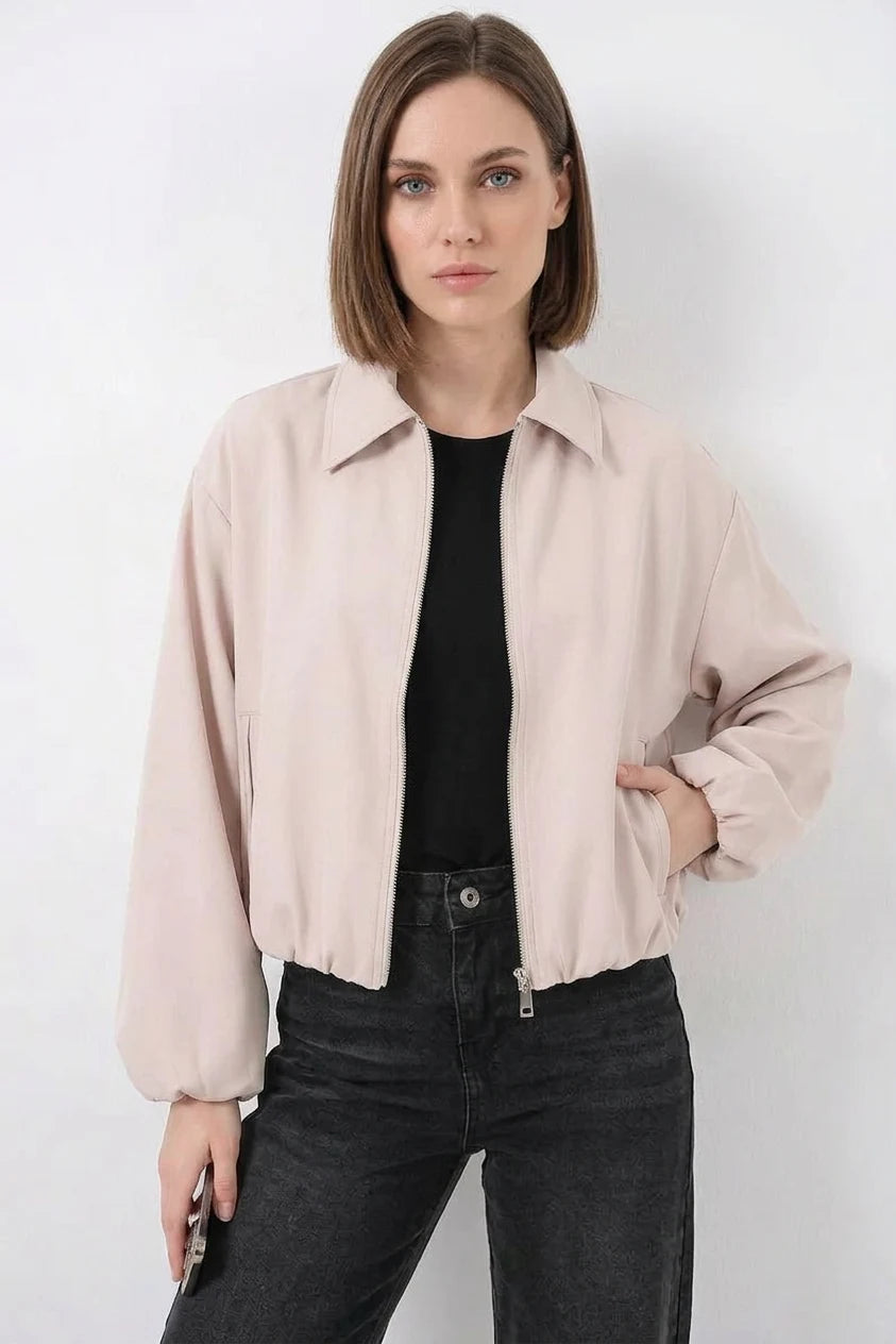 Kadın Klasik Yaka Normal Fermuarlı Oversize Krem Ceket