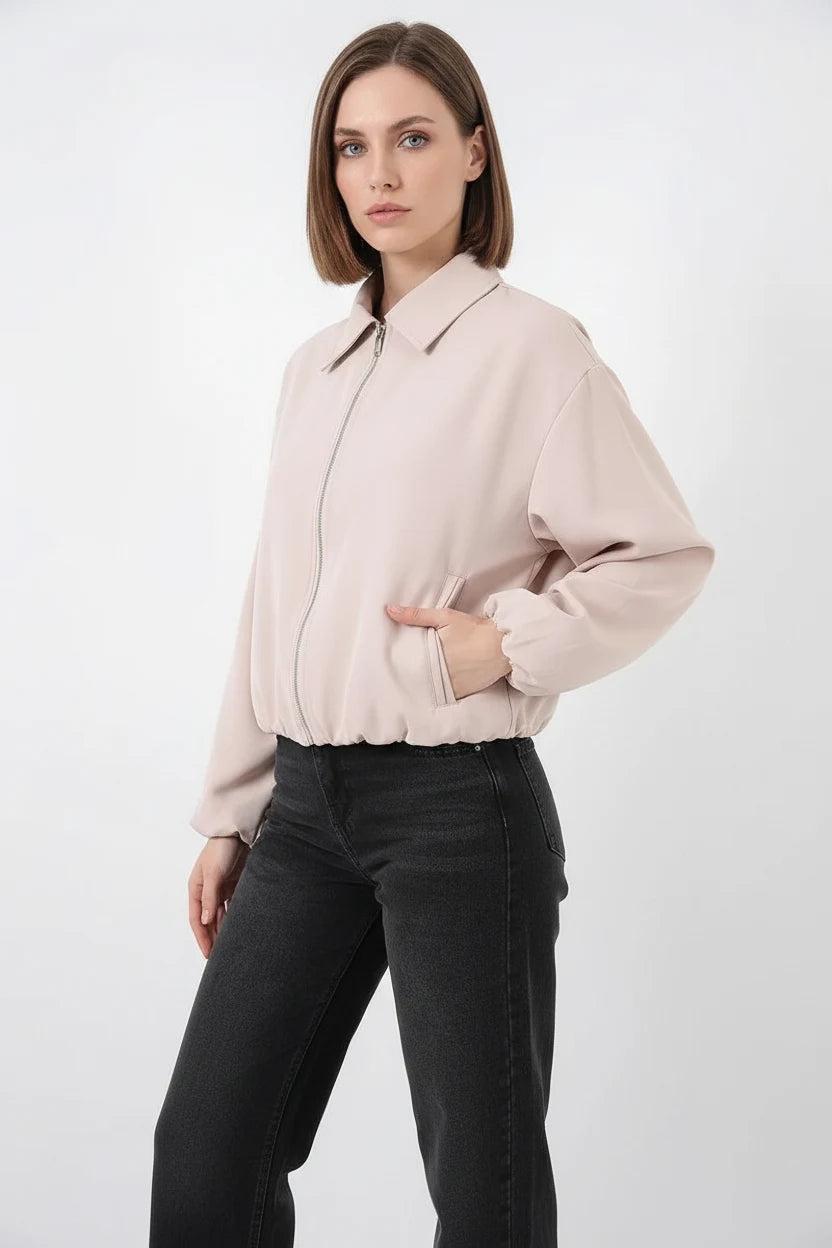 Kadın Klasik Yaka Normal Fermuarlı Oversize Krem Ceket