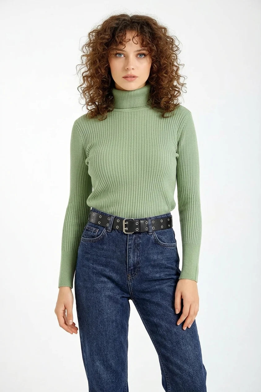 Kadın Balıkçı Yaka Dikey Dikişli Triko Çağla Yeşili Kazak