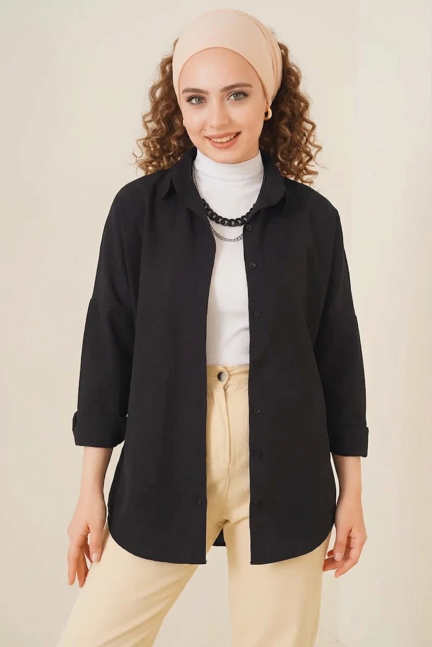 Kadın Oversize Kesim Basic Pamuklu Siyah Tesettür Gömlek