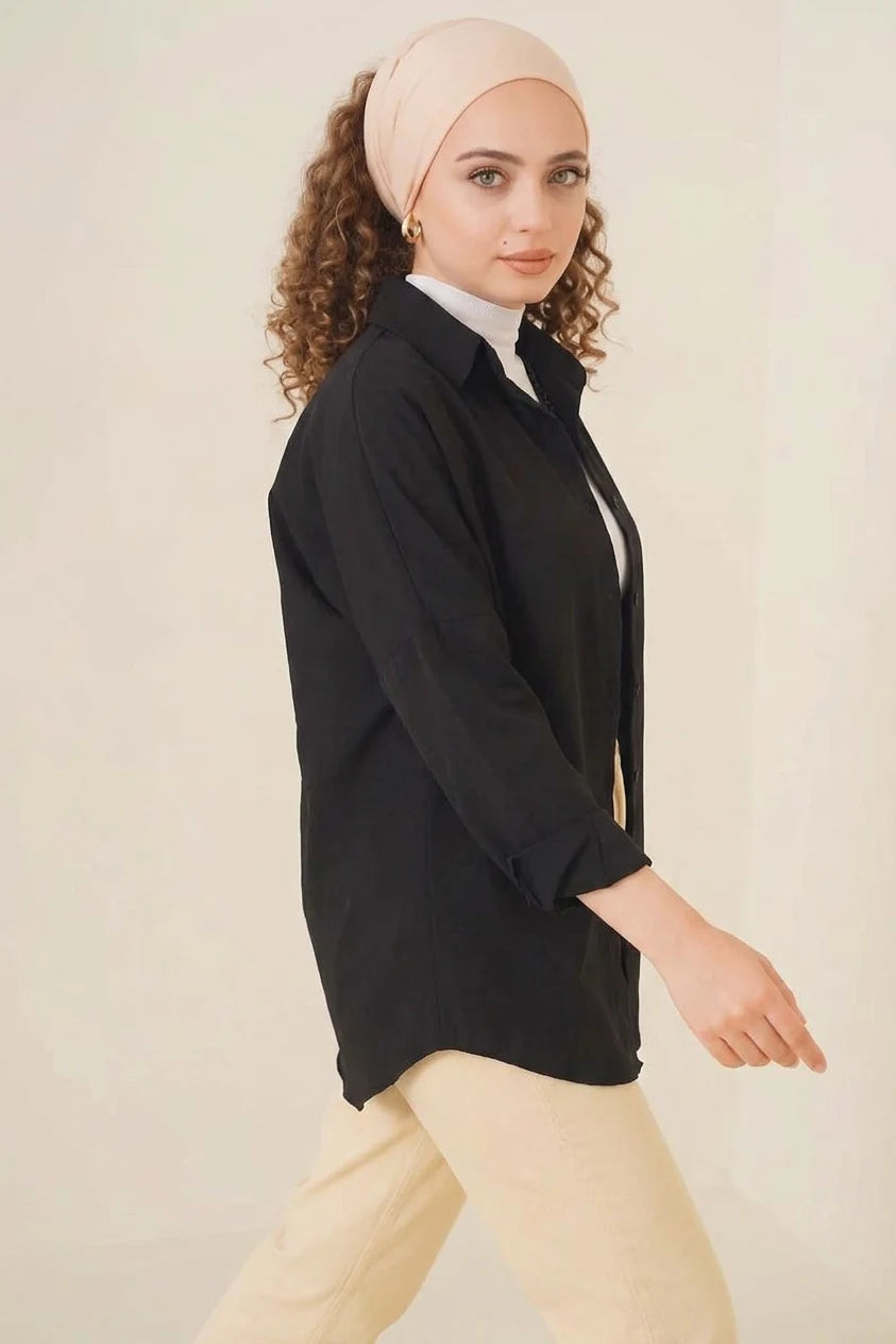 Kadın Oversize Kesim Basic Pamuklu Siyah Tesettür Gömlek