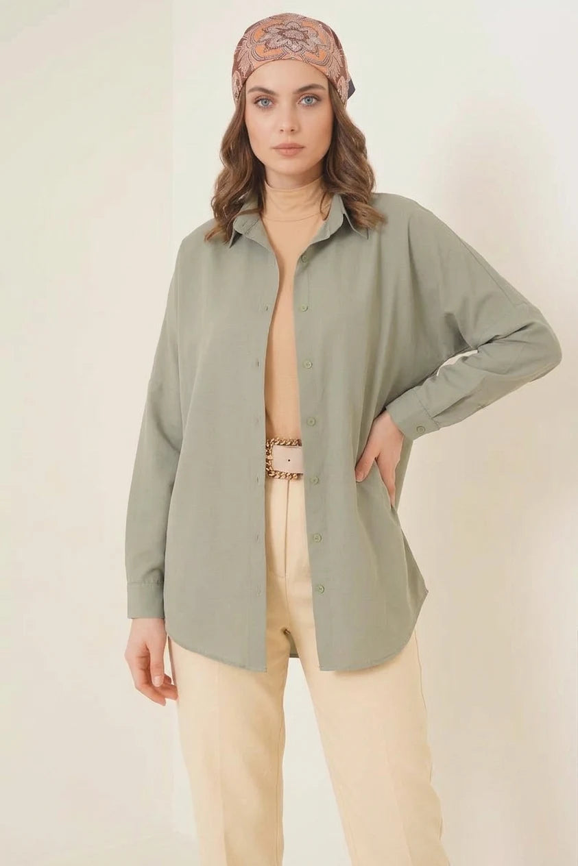 Kadın Rahat Kesim Basic Oversize Pamuklu Haki Tesettür Gömlek