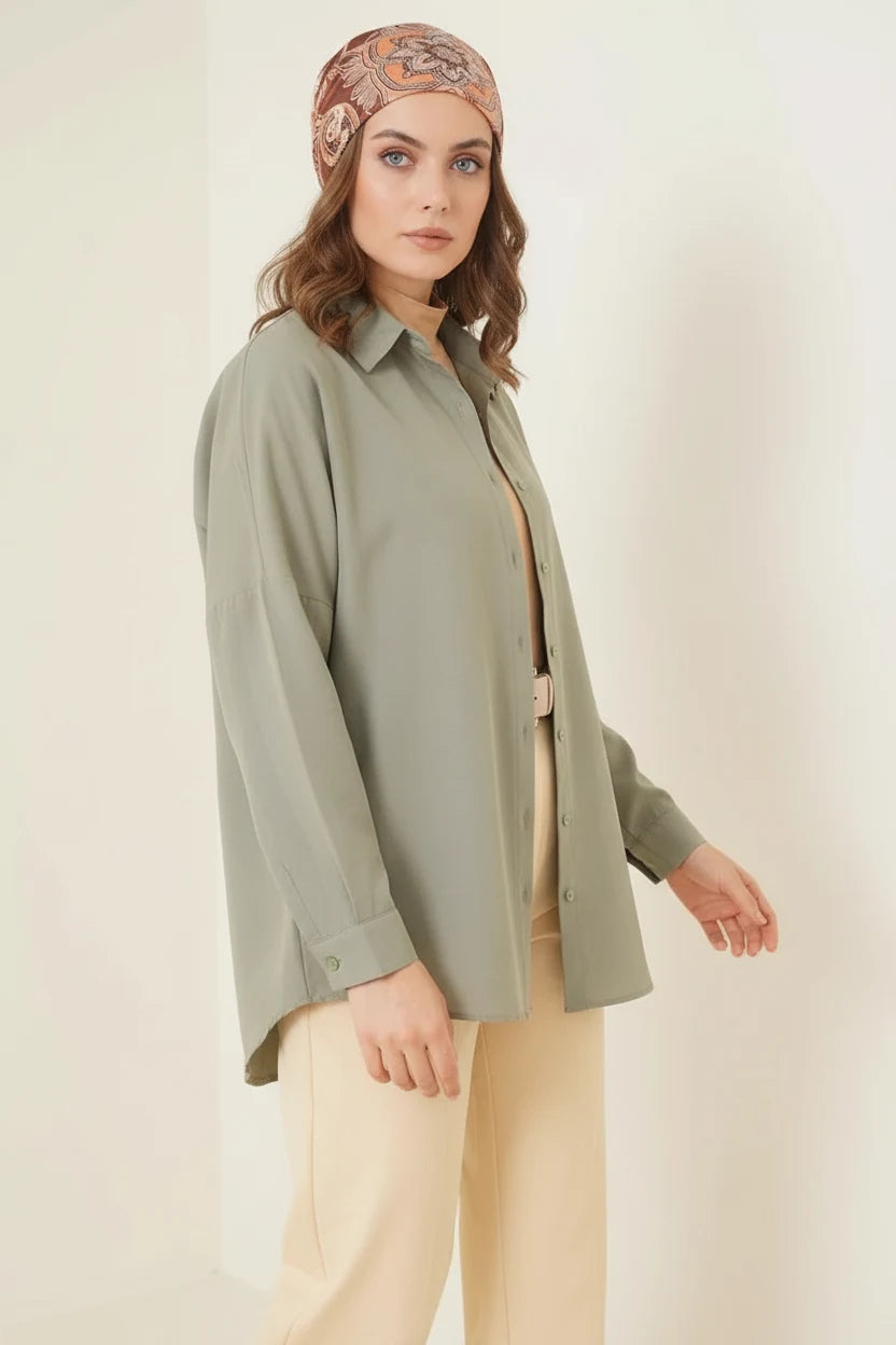 Kadın Rahat Kesim Basic Oversize Pamuklu Haki Tesettür Gömlek