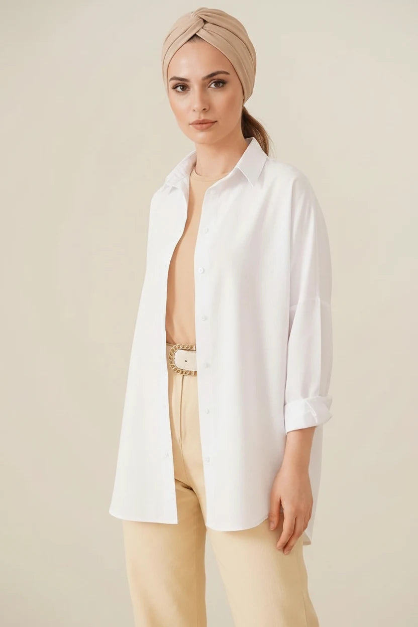 Kadın Oversize Basic Pamuklu Beyaz Tesettür Gömlek