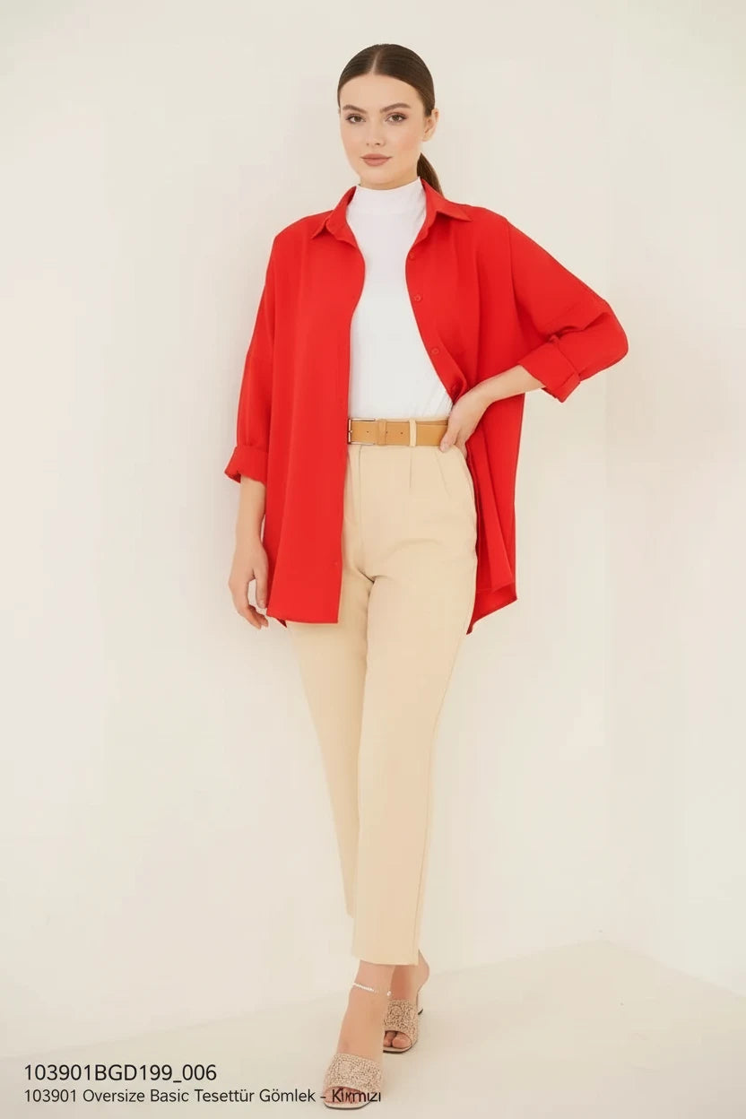 Kadın Oversize Kesim Basic Pamuklu Kırmızı Tesettür Gömlek