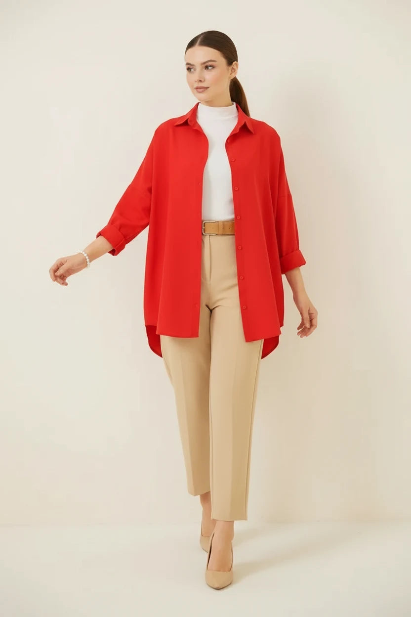 Kadın Oversize Kesim Basic Pamuklu Kırmızı Tesettür Gömlek