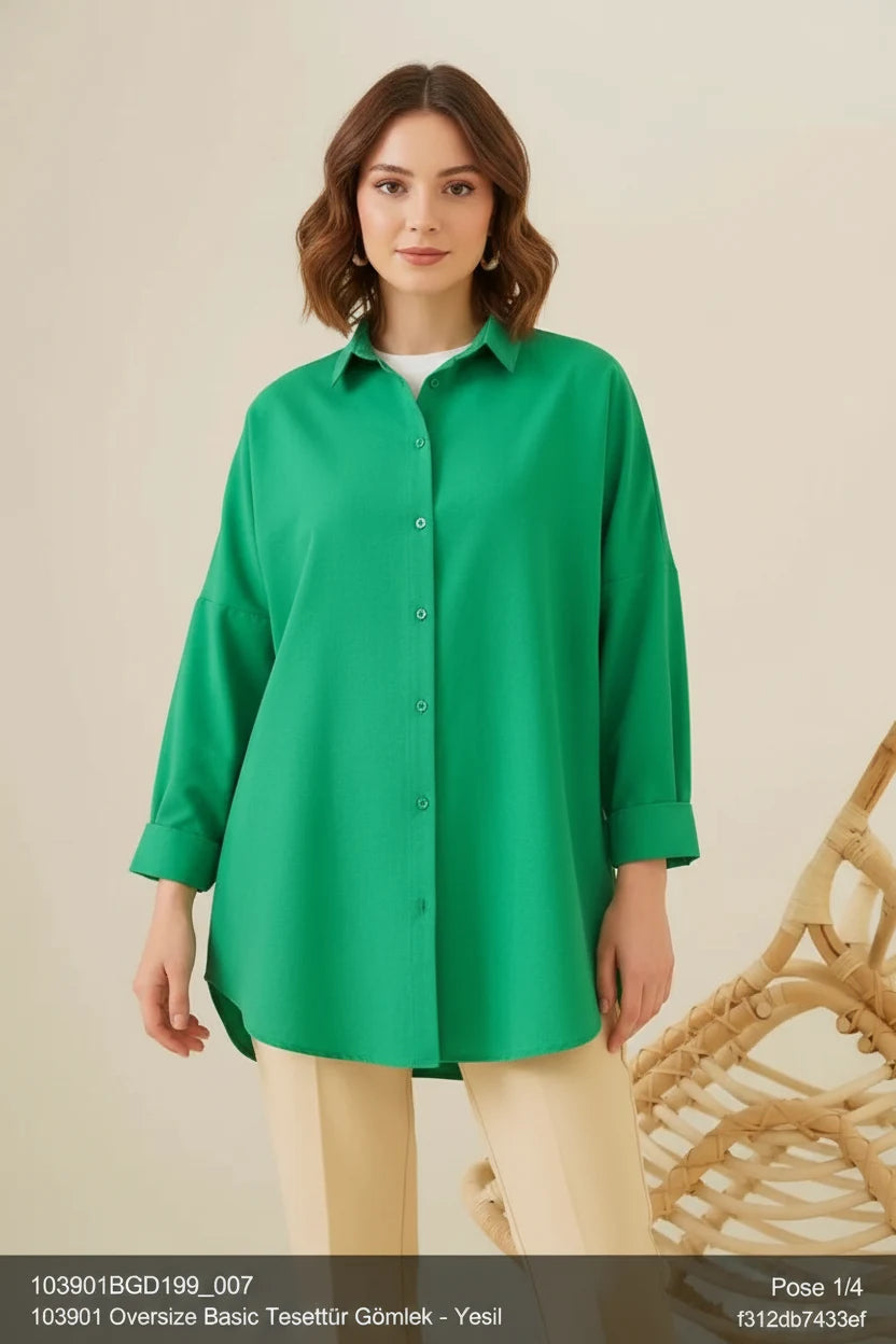 Kadın Oversize Kesim Basic Pamuklu Yeşil Tesettür Gömlek