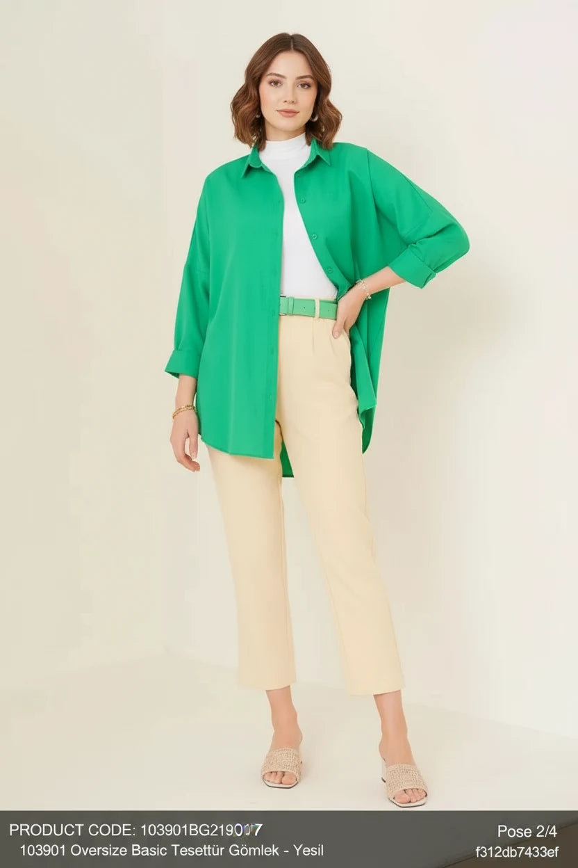 Kadın Oversize Kesim Basic Pamuklu Yeşil Tesettür Gömlek