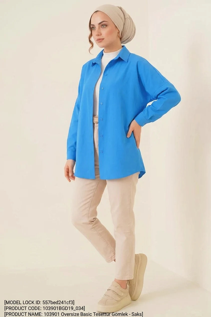 Kadın Rahat Kesim Basic Oversize Pamuklu Saks Tesettür Gömlek